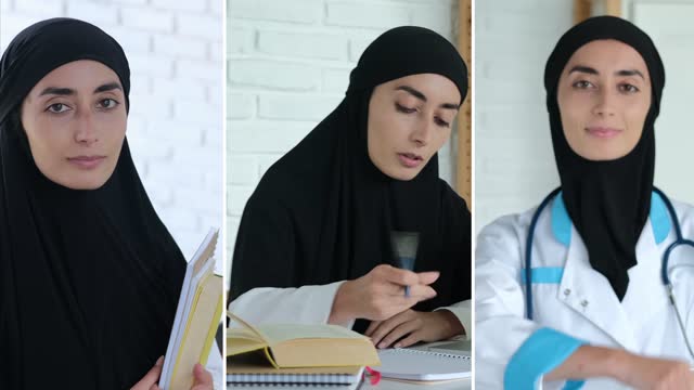 Collage with the profession of Arab women. The freedom of women in Islam in the choice of education and the profession of a teacher and a nurse. A Muslim woman in a hijab is a doctor in the Arab world