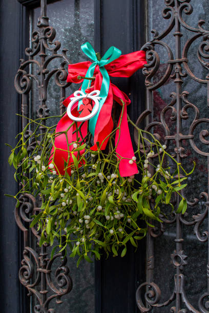 istock A green mistletoe branch decorated with a red bow on the front doors 1448153011