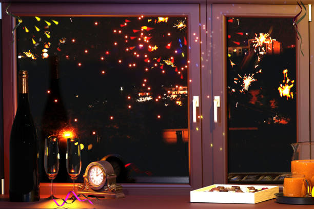 New year background with window and fireworks display stock photo