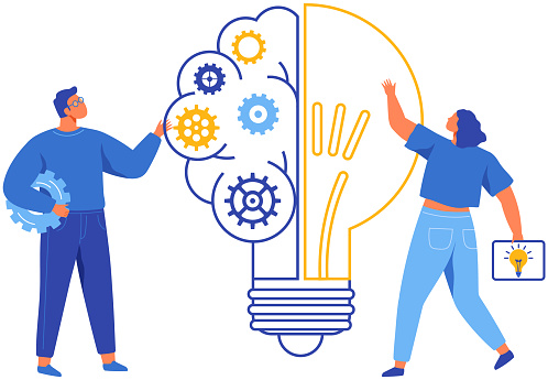 Man creates new idea. Light bulb with gears vector illustration. Creation of optimal solution, development of creative thinking. Mental mindset, imagination concept. Person creates abstract figure