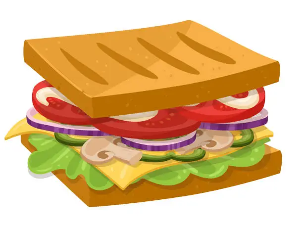 Vector illustration of Cartoon delicious sandwich. Juicy sandwich with vegetables cheese and mushrooms, takeaway restaurant fast food burger flat vector illustration on white background