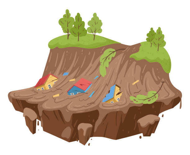 karikaturenschlamm, naturkatastrophe. erdrutsch, schlammstrom mit steinen, weggespülte häuser, schlammströme extreme katastrophe katastrophe flache vektorillustration auf weißem hintergrund - erdrutsch stock-grafiken, -clipart, -cartoons und -symbole