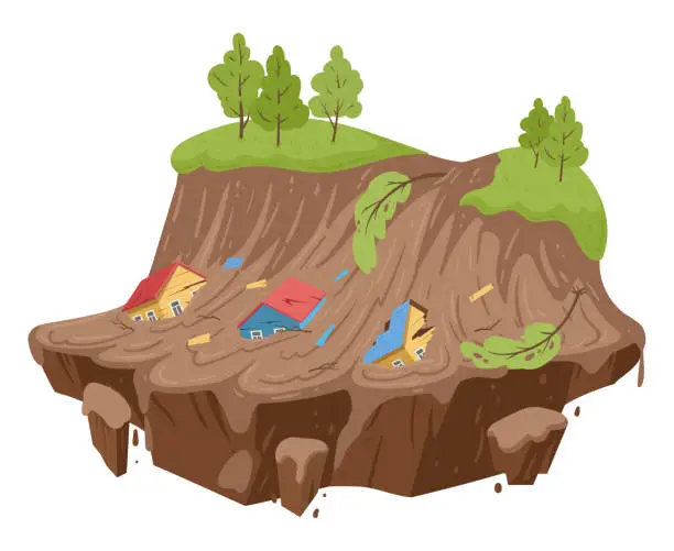 Vector illustration of Cartoon mudflow, natural disaster. Landslide, mud stream with stones, washed away houses, mudflows extreme cataclysm disaster flat vector illustration on white background