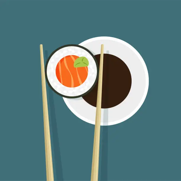 Vector illustration of Chopsticks holding maki roll dipped in soy sauce.