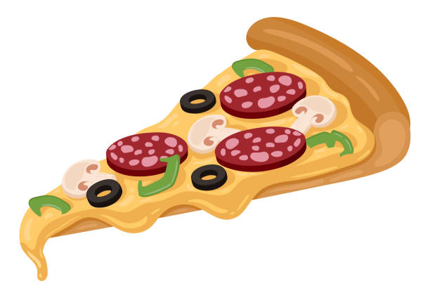 ilustrações de stock, clip art, desenhos animados e ícones de cartoon pizza slice. delicious cheese pizza with pepperoni and mushrooms, tasty fast food dish flat vector illustration on white background - pepperoni