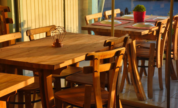 istock Table, chair, sunset and mediterranean restaurant 1448156247