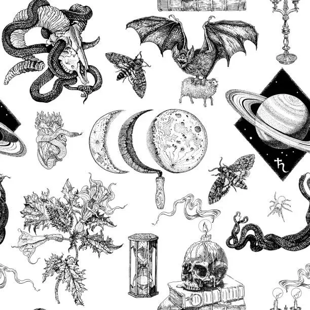 Vector illustration of Black magic seamless pattern. Skulls, candles, flames, snakes, bat, moon, datura, saturn, hourglass. Hand drawn engraving tattoo style illustration Macabre nocturnal gothic witchcraft symbols