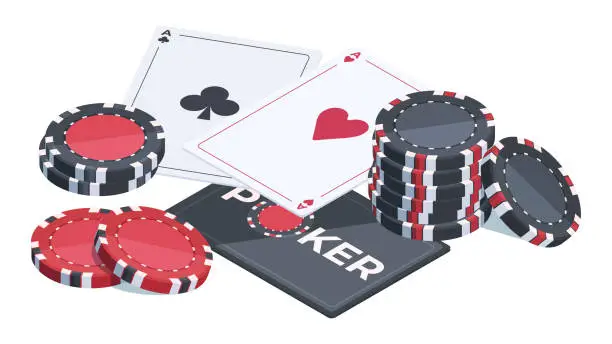 Vector illustration of Isometric poker cards and casino chips. Online casino playing cards and poker chips, 3d gambling elements flat vector illustration on white background