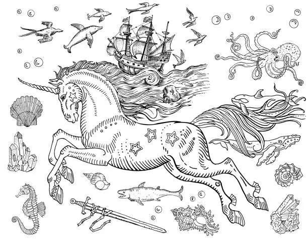 Vector illustration of Magic sea unicorn, old ship, whales, dolphins, fish, octopus, shell, drowned sword, crystals, stars, sea horse, water bubbles. Hand drawn vintage style line art, coloring book page postcard tattoo
