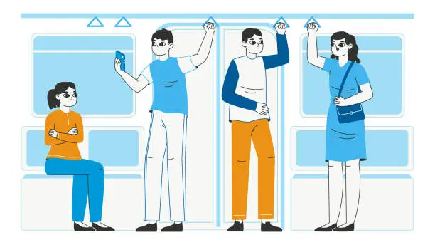 Vector illustration of People holding subway handles. Public transport passengers, metro train or bus people crowd, tram passengers flat vector illustration on white background