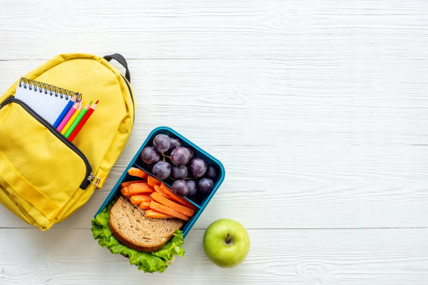 istock School lunchbox with fruits and yellow backpack, top view 1448160764