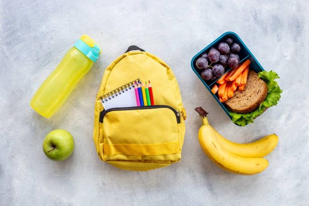 istock School lunchbox with fruits and yellow backpack, top view 1448161018