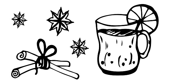 Doodle Winter hot drink Grog, cup, orange, vanilla and cinnamon. Vector illustration. Design for Web, print, pattern, cover, article illustration, banner, postcard, post, copy space