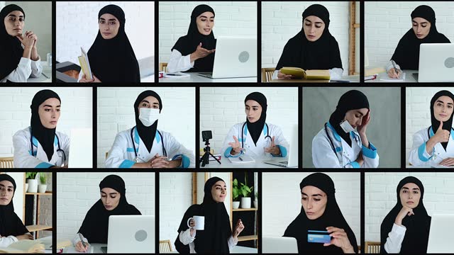 Many different shots with a doctor in a white uniform and a black hijab at the workplace. A Muslim blogger and a woman who studies at the university. Muslim women freedom concept.