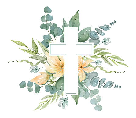 Religious cross with greenery and flowers watercolor illustration