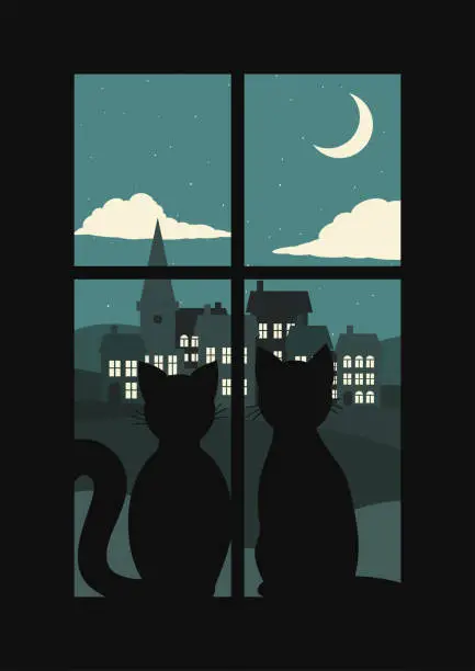 Vector illustration of Two cats in love look out of a window at night