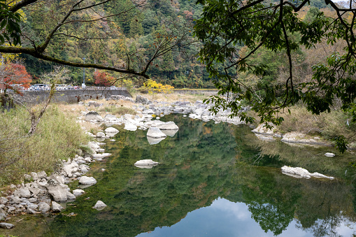 Autumn Chomonkyo Gorge in Yamaguchi Prefecture, where I traveled on November 16, 2022, and the scenery of the beautiful mountain stream with trees and rocks