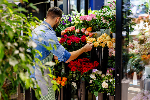 A handsome young man florist is arranging colorful flowers in a flower fridge in a flower store to keep them fresh.