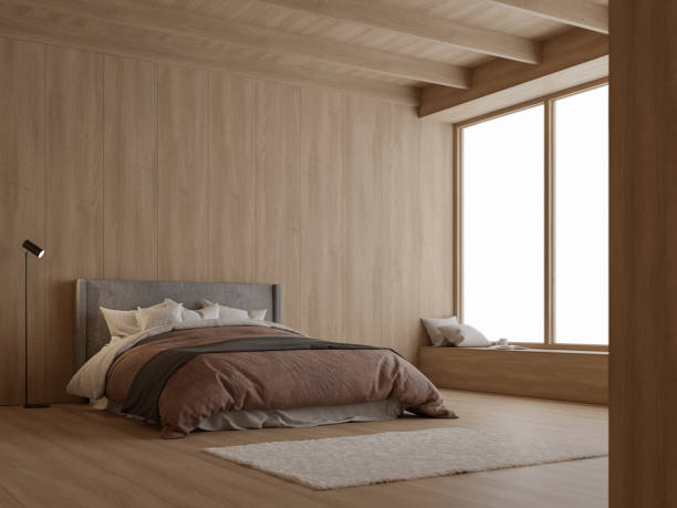 istock Modern contemporary bedroom interior with all wooden material 3d render 1448163909