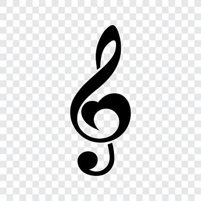Music note treble clef, heart shape, vector illustration.