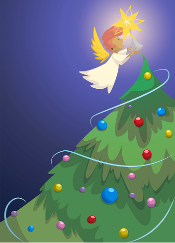 Illustration of a beautiful angel with its light visiting the top of a Christmas tree