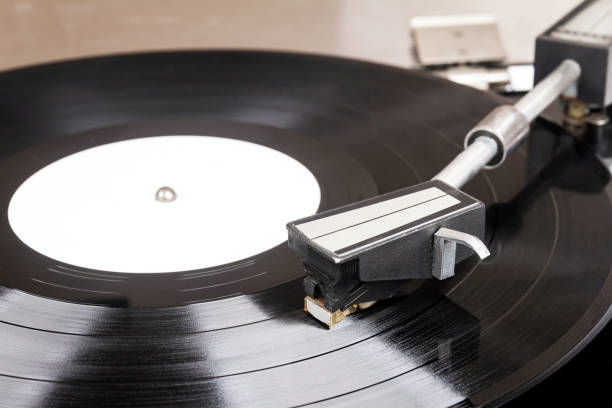 istock Close up of turntable needle on a vinyl 1448166123