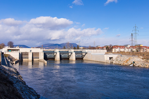 View of the hydro-electric power plant Puntigam in Graz, Austria