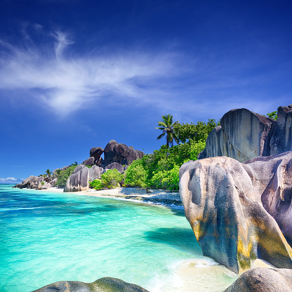 Anse Source D'Argent beach, La Digue Island, Seychelles. Composite photo