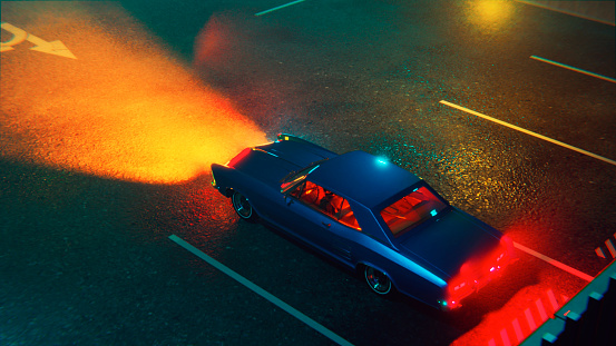 Vintage car is parked in a parking light, but the headlight are on. Neon light fill the cinematic scene.