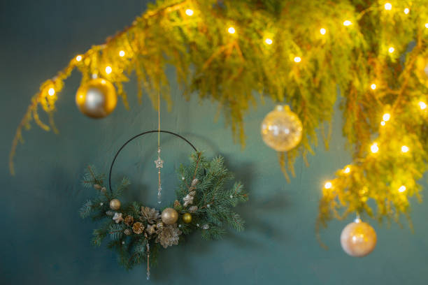 istock christmas decor with golden balls on background  dark wall 1448170231