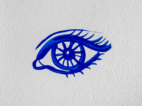 Blue human eye drawn by hand by blue paint on a white textured paper