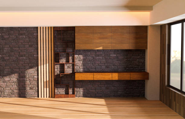 Spacious apartment interior with brick wall and wooden floor. Design and interior decoration. 3d illustration.