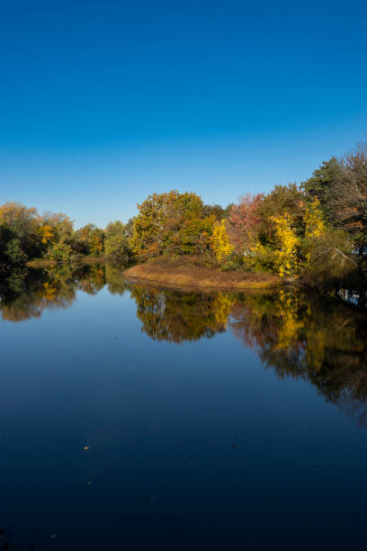 istock Autumn trees reflected on the water of a river 1448172509