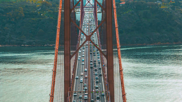 istock Aerial view 25 de Abril Bridge, Lisboa, during the day with the usual traffic with several transports from one side to the other 1448174073
