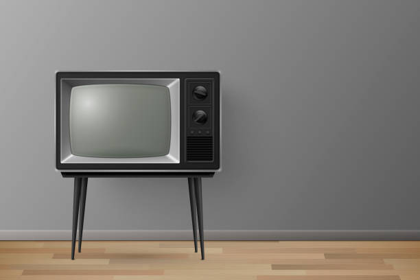 istock Vector 3d Realistic Retro TV Receiver on a Wooden Table Stand. Home Interior Design Concept. Vintage TV Set on the Wooden Floor. Television, Front View 1448174173