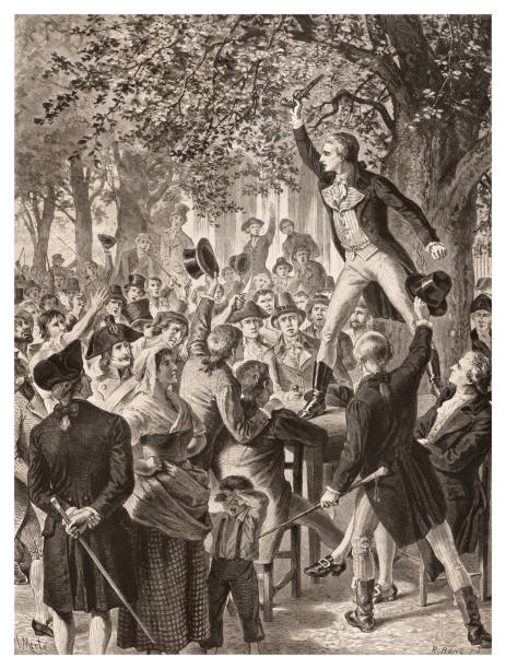 Start of the french revolution. Camille Desmoulins calling the people to arms before the Palais Royal on July 12, 1789, which helped incite the storming of the Bastille.
Lucie-Simplice-Camille-Benoît Desmoulins ( 2 March 1760  - 5 April 1794 ) was a French journalist and politician who played an important role in the French Revolution.
Original edition from my own archives
Source : Buch für Alle 1888
After H. Merté - Graveur R. Bong