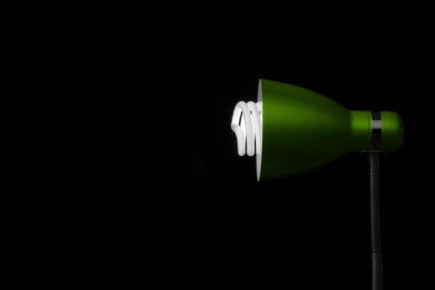 Detail of green desk lamp on black background, with light bulb. Copy space. Horizontal orientation. No people.