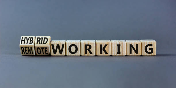 istock Hybrid or remote working symbol. Turned wooden cubes and changed words 'remote working' to 'hybrid working'. Beautiful grey background. Business, hybrid or remote working concept, copy space. 1448178279