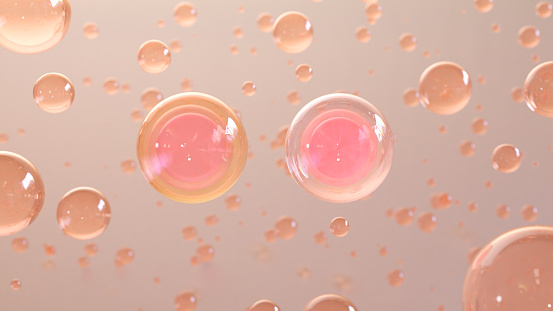 3D rendering Cosmetics Serum bubbles on defocus background. Collagen bubbles Design. Moisturizing Cream and Serum Concept. Vitamin for personal care and beauty concept.