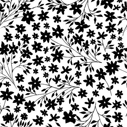 Modern abstract flower seamless pattern. Hand drawn vector botanical background. Brush black leaves and flowers. Black ink illustration with floral motif.
