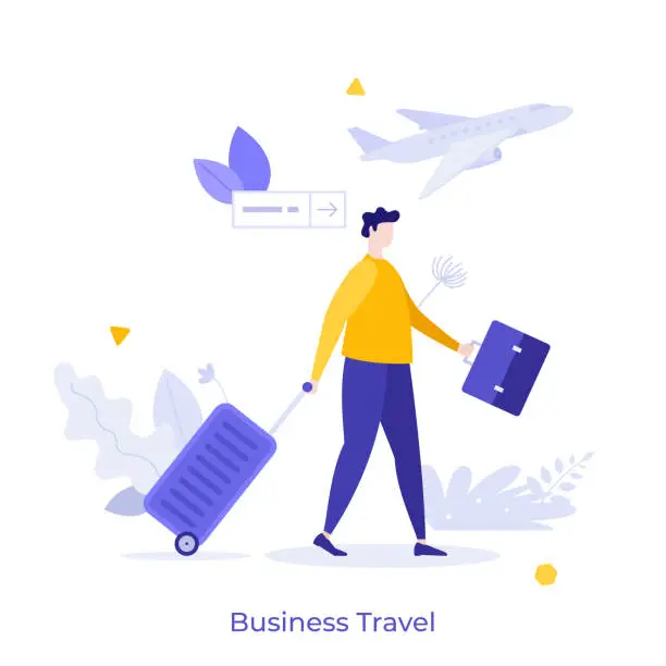 Vector illustration of Businessman or entrepreneur carrying suitcase hurries to board departing aircraft. Concept of business travel or tourism, work in trip. Modern flat colorful vector illustration for banner, poster.