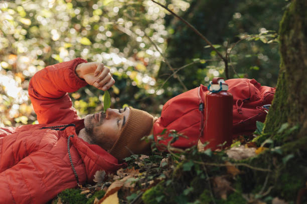 istock young adult man with red coat and backpack smelling a leaf in a forest outdoors. concept travel in nature. emotions of peace and tranquility. wellness and well being 1448185203