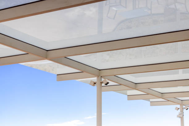 istock Closeup modern patio roof with security cameras, background with copy space 1448187022