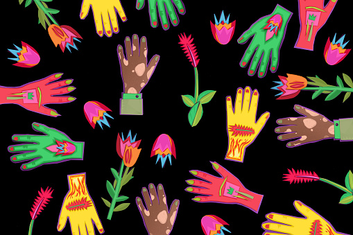 Pattern of bright painted colorful hands and flowers