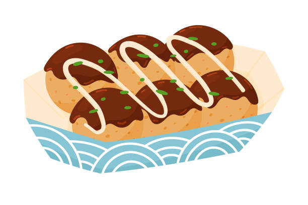 Takoyaki Japanese Tasty Hot Street Food Takoyaki Japanese Tasty Hot Street Food. Ball-shaped Japanese Snack Filled with Octopus in Cardboard Box cooking takoyaki is a ball shaped japanese snack stock illustrations