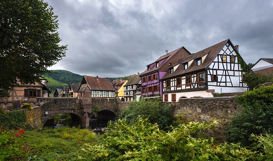 Kaysersberg, France, October 16, 2020: View of the Alsatian village of Kaysersberg on a cloudy autumn day.