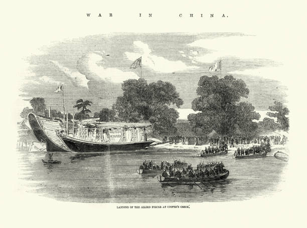 alliierte streitkräfte landen in cooper's creek während des zweiten opiumkrieges, china, lazarettschiff, 1858, 19. jahrhundert - royal marines stock-grafiken, -clipart, -cartoons und -symbole