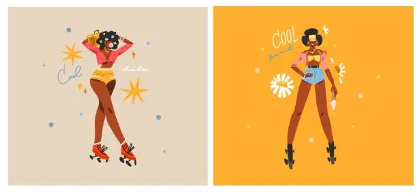 Vector illustration of Hand drawn vector abstract modern graphic illustrations characters collection set of young women on disco party and rollerblading ,90s elements. African american concept. Cartoon character design .