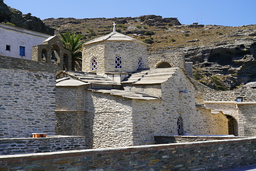 Famous Monastery, high up in the hills, Andros island