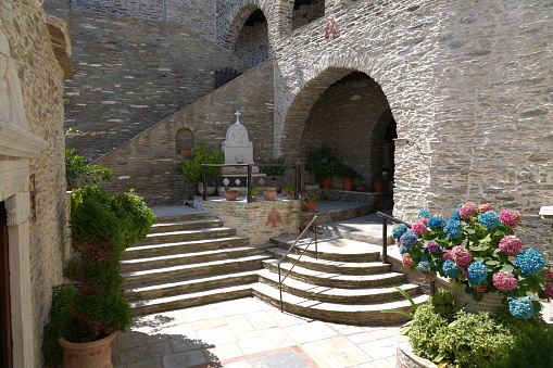 Famous Monastery, high up in the hills, Andros island